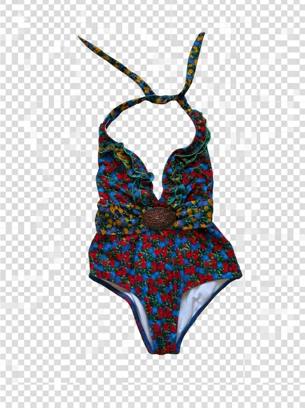 Vintage Tigerlily Floral Halter One Piece Swimsuit with Medallion Accent.